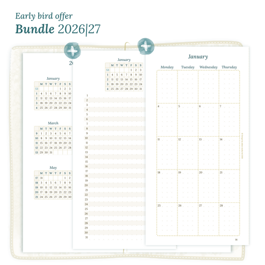Printable PDF calendar planner Bundle for 2026 and 2027 for Standard size Traveler's Notebook planner featuring 12M2P 12 month on 2 pages, M1P future log month on 1 page, M2P month on 2 pages and a Notes module.
