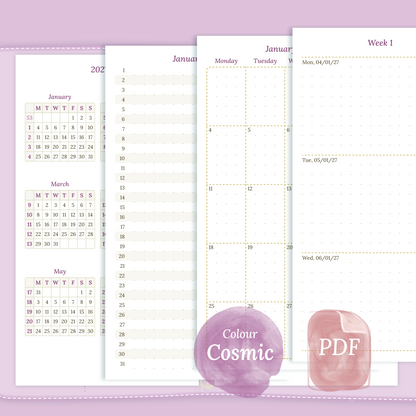 Examples featuring the different PDF printable planner inserts modules of this Bundle L for 2026 and 2027 in the colour Cosmic/Raspberry featuring 12M2P 12 month on 2 pages, M1P future log month on 1 page, M2P month on 2 pages, W2P week on 2 pages and a Notes.