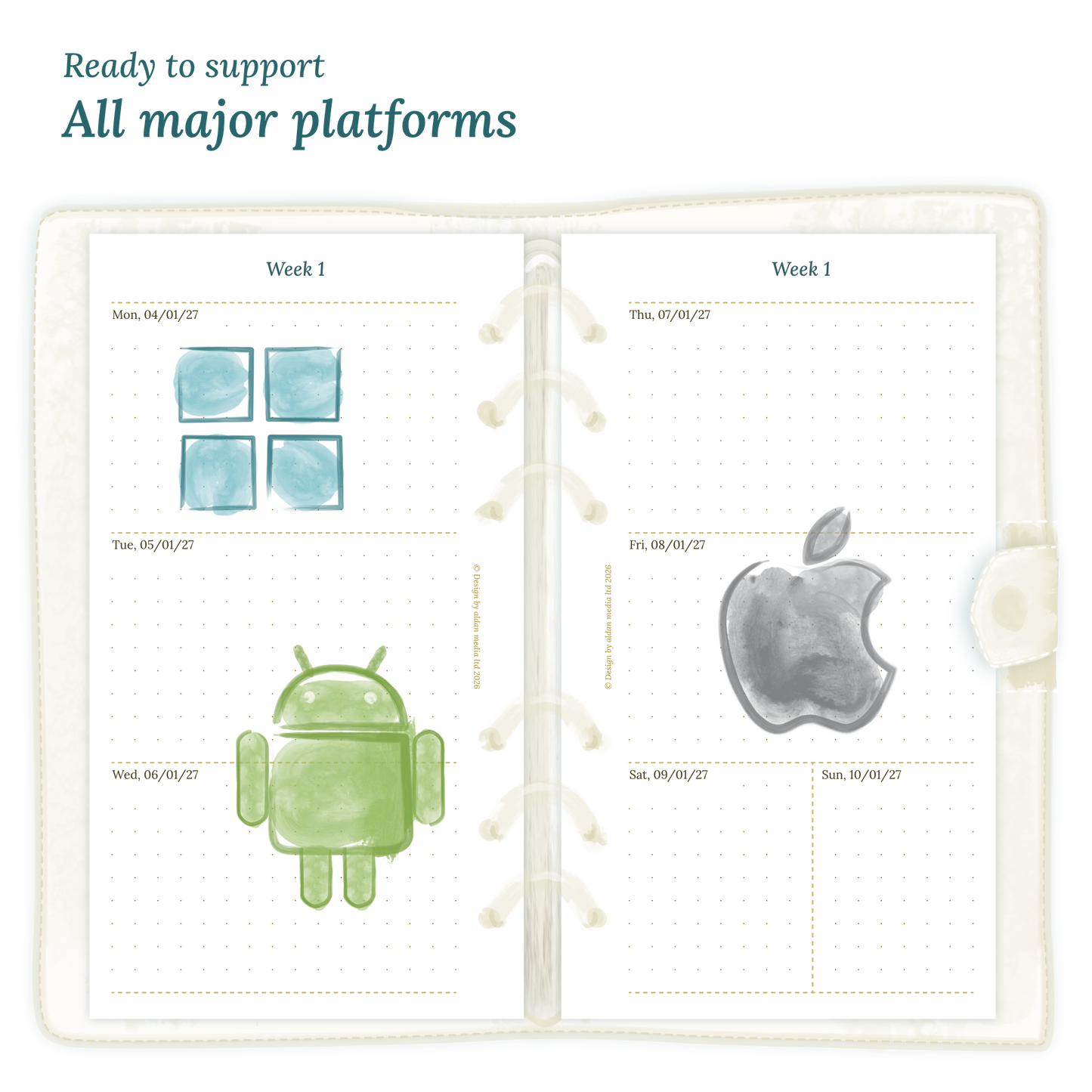 Open planner calendar insert with Windows, Android and Apple logos on a white background to show what operating systems are supported by our PDF printables.