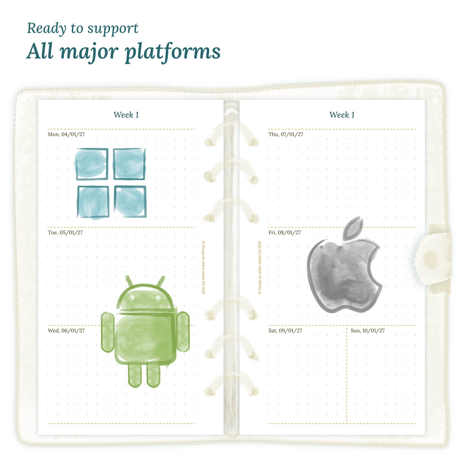 Open planner calendar insert with Windows, Android and Apple logos on a white background to show what operating systems are supported by our PDF printables.