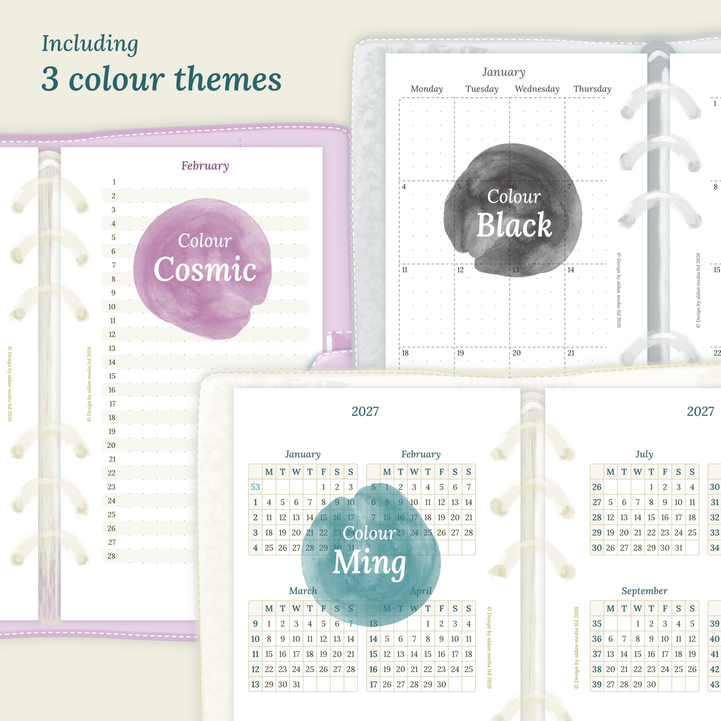 Three colour variants of the calendar designs with colour themes ‚Cosmic/Raspberry', 'Black', and ‚Ming/Blue' displayed to show how the different modules of the Bundle L look like.