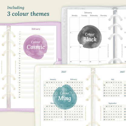 Three colour variants of the calendar designs with colour themes ‚Cosmic/Raspberry', 'Black', and ‚Ming/Blue' displayed to show how the different modules of the Bundle L look like.