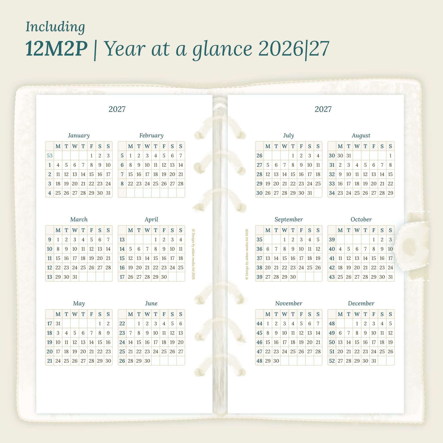 Open planner showing details of the PDF printable planner inserts module  12M2P 12 months on 2 pages for 2026 & 2027 inside this Bundle L