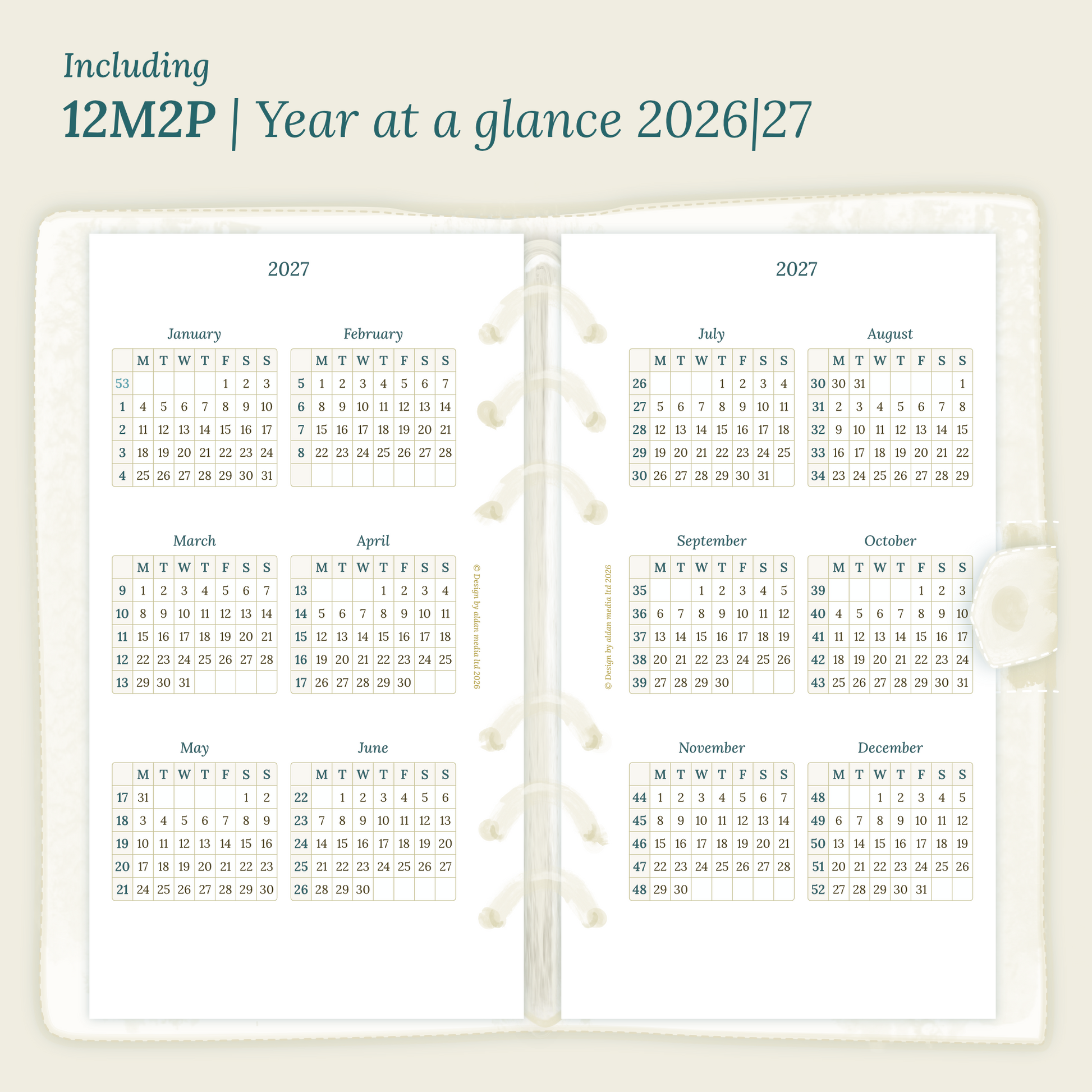 Open planner showing details of the PDF printable planner inserts module  12M2P 12 months on 2 pages for 2026 & 2027 inside this Bundle L