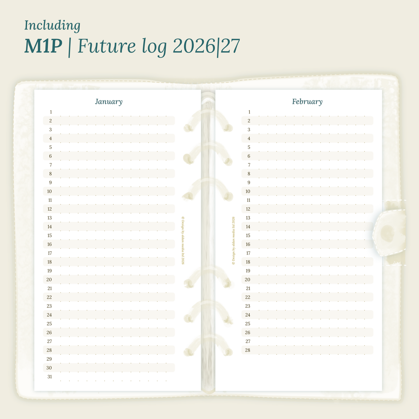 Open planner showing details of the PDF printable planner inserts module M1P future log month on 1 page for 2026 & 2027 inside this Bundle L