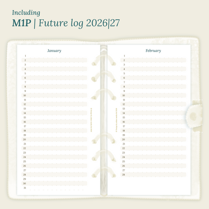 Open planner showing details of the PDF printable planner inserts module M1P future log month on 1 page for 2026 & 2027 inside this Bundle L