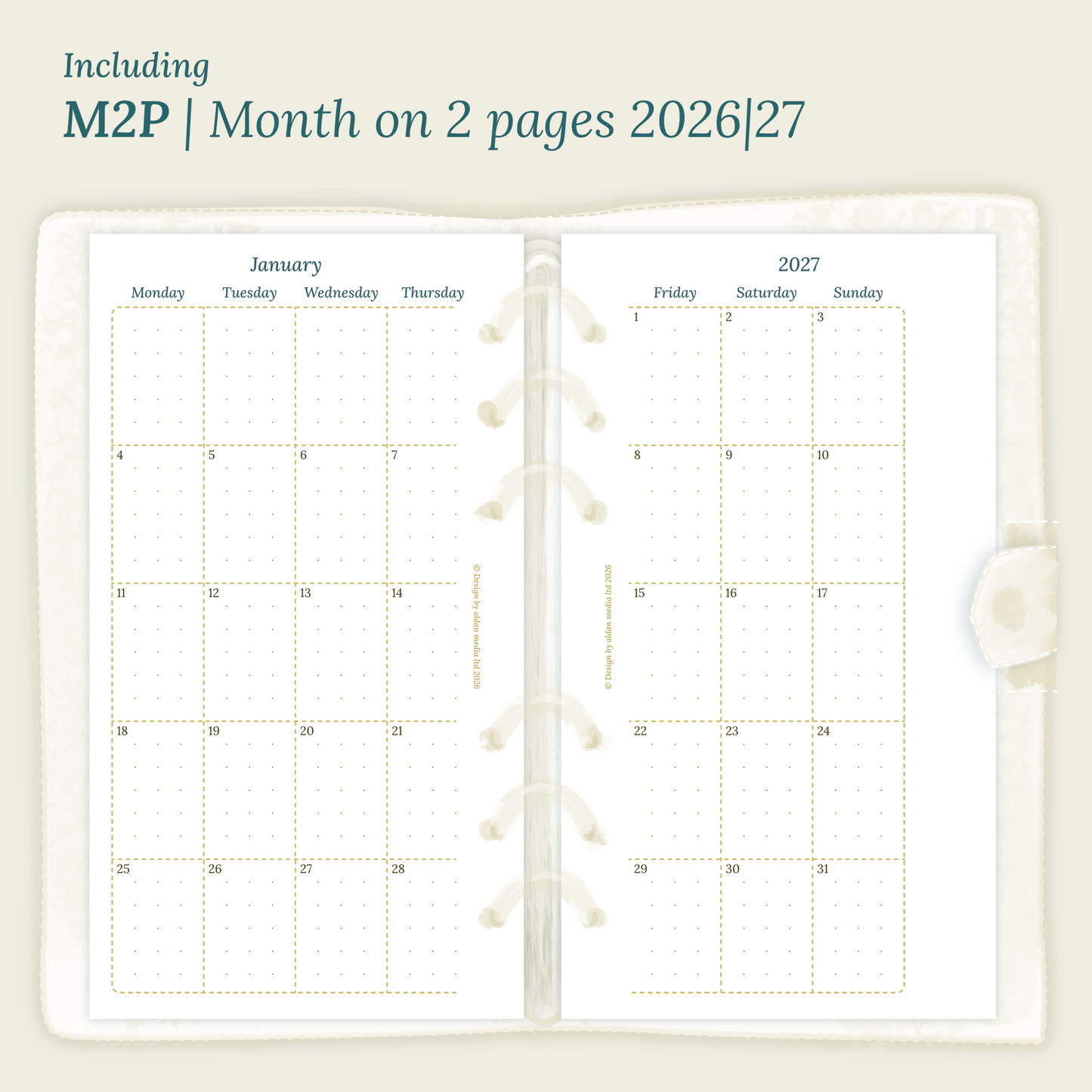 Open planner showing details of the PDF printable planner inserts module M2P month on 2 pages for 2026 and 2027 inside this Bundle L.