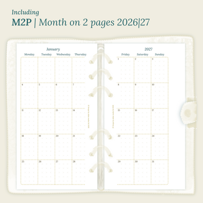 Open planner showing details of the PDF printable planner inserts module M2P month on 2 pages for 2026 and 2027 inside this Bundle L.