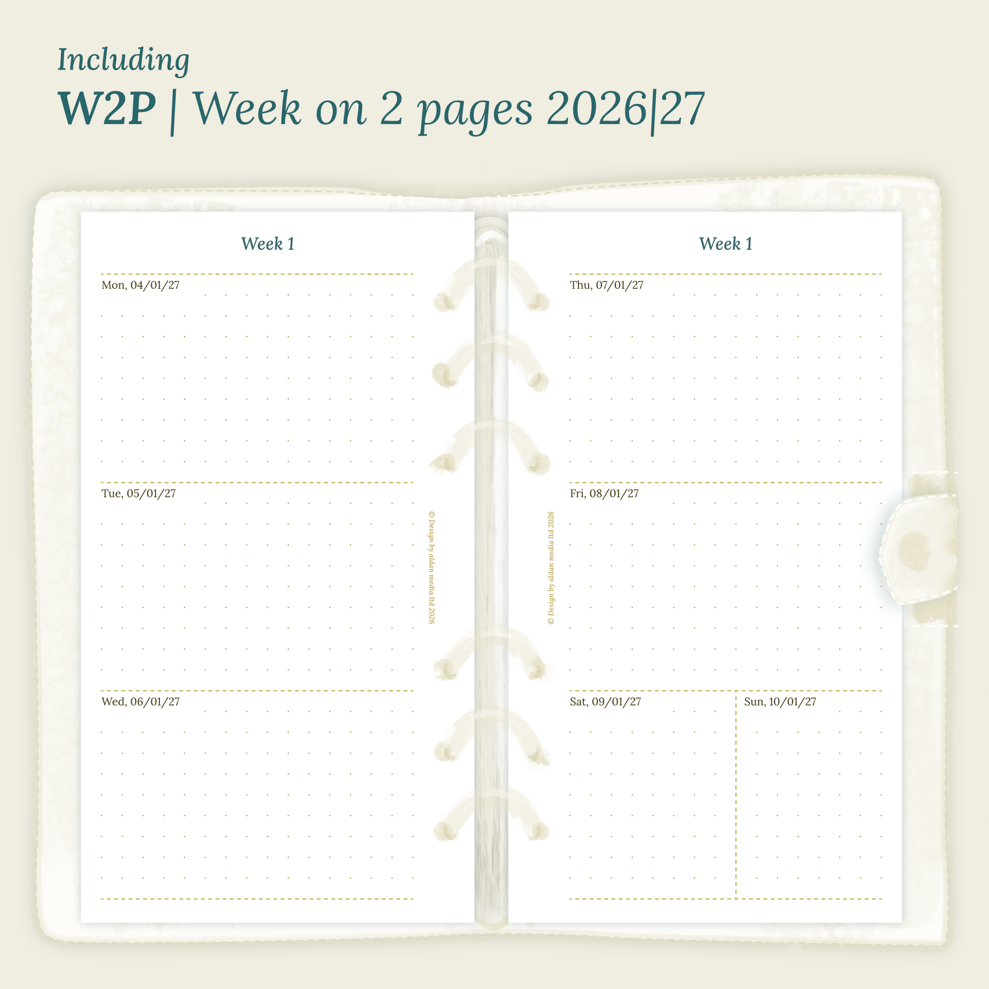 Open planner showing details of the PDF printable planner inserts module W2P week on 2 pages for 2026 and 2027 inside this Bundle L.