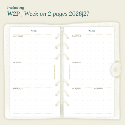 Open planner showing details of the PDF printable planner inserts module W2P week on 2 pages for 2026 and 2027 inside this Bundle L.