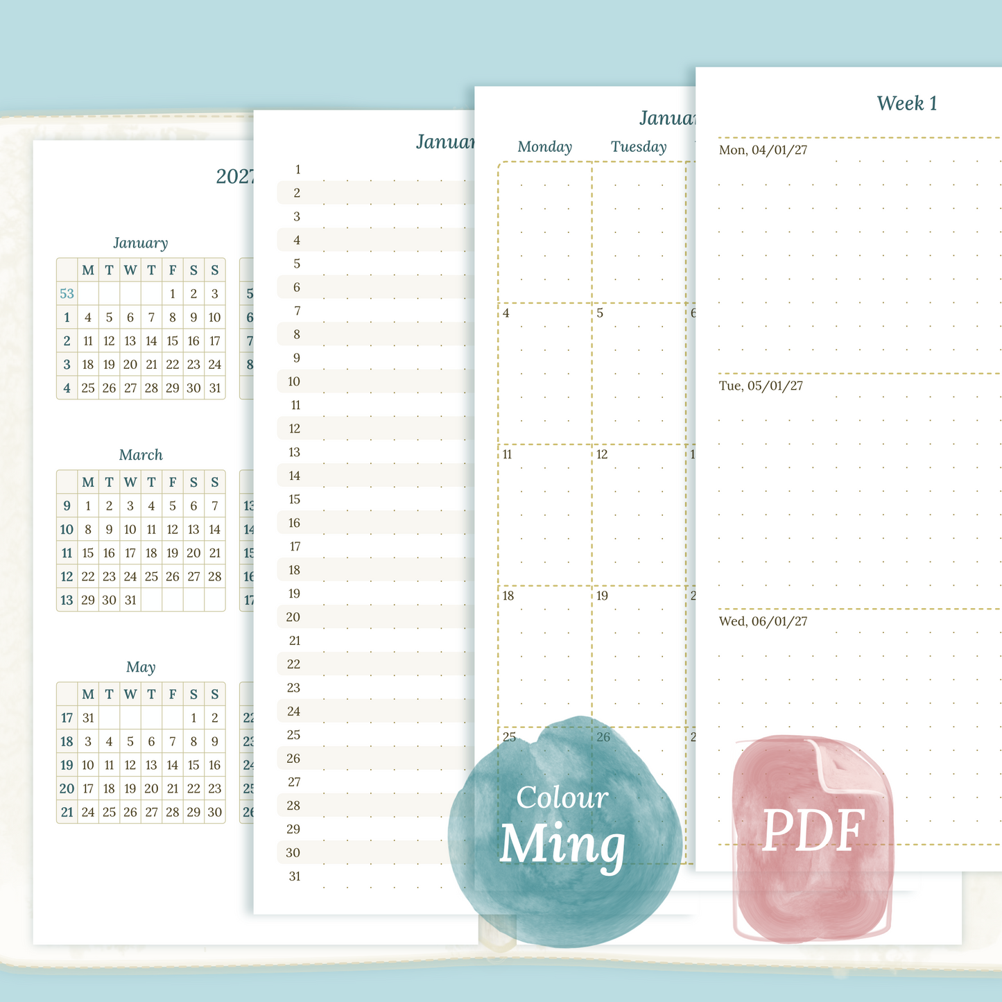 Examples featuring the different PDF printable planner inserts modules of this Bundle L for 2026 and 2027 in the colour Ming/Blue featuring 12M2P 12 month on 2 pages, M1P future log month on 1 page, M2P month on 2 pages, W2P week on 2 pages and a Notes.