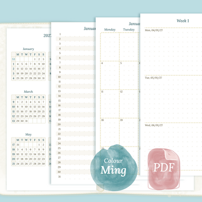 Examples featuring the different PDF printable planner inserts modules of this Bundle L for 2026 and 2027 in the colour Ming/Blue featuring 12M2P 12 month on 2 pages, M1P future log month on 1 page, M2P month on 2 pages, W2P week on 2 pages and a Notes.