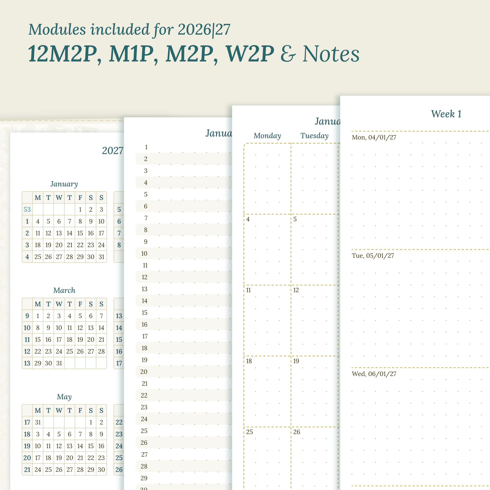 Calendar PDF printable inserts modules for the years 2026 and 2027 with various formats on a beige background featuring 12M2P 12 month on 2 pages, M1P future log month on 1 page, M2P month on 2 pages, W2P week on 2 pages and a Notes.