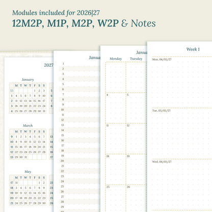 Calendar PDF printable inserts modules for the years 2026 and 2027 with various formats on a beige background featuring 12M2P 12 month on 2 pages, M1P future log month on 1 page, M2P month on 2 pages, W2P week on 2 pages and a Notes.