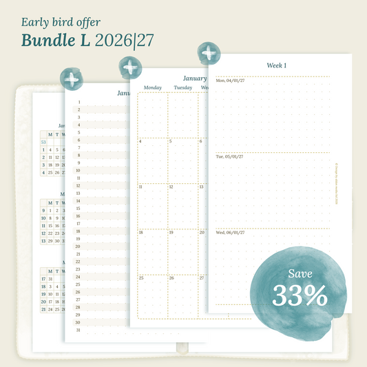Calendar PDF printable Bundle L for 2026 and 2027 with early bird offer of 33% discount for Personal size 6 ring binder planner.