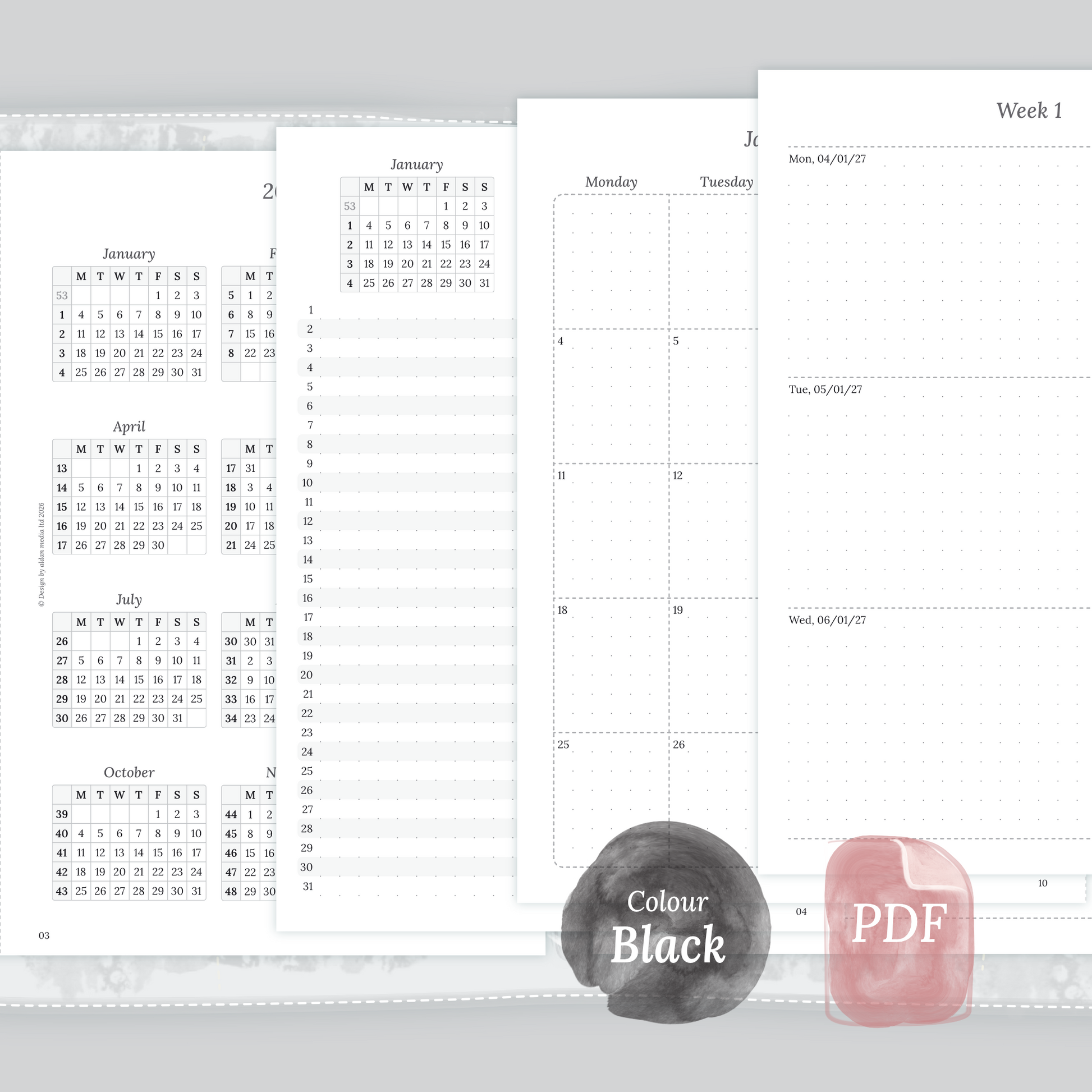 Examples featuring the different PDF printable planner inserts modules of this Bundle L for 2026 and 2027 in the colour Black & White.
