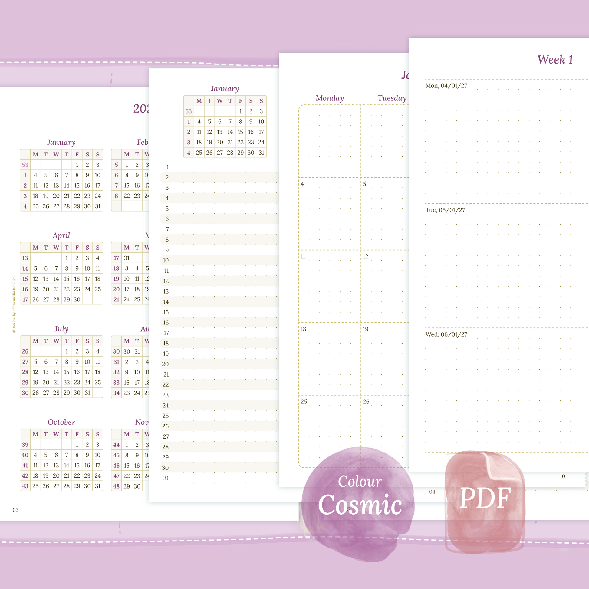 Examples featuring the different PDF printable planner inserts modules of this Bundle L for 2026 and 2027 in the colour Cosmic/Raspberry.