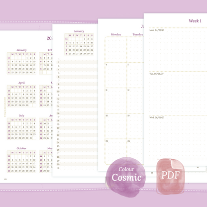 Examples featuring the different PDF printable planner inserts modules of this Bundle L for 2026 and 2027 in the colour Cosmic/Raspberry.