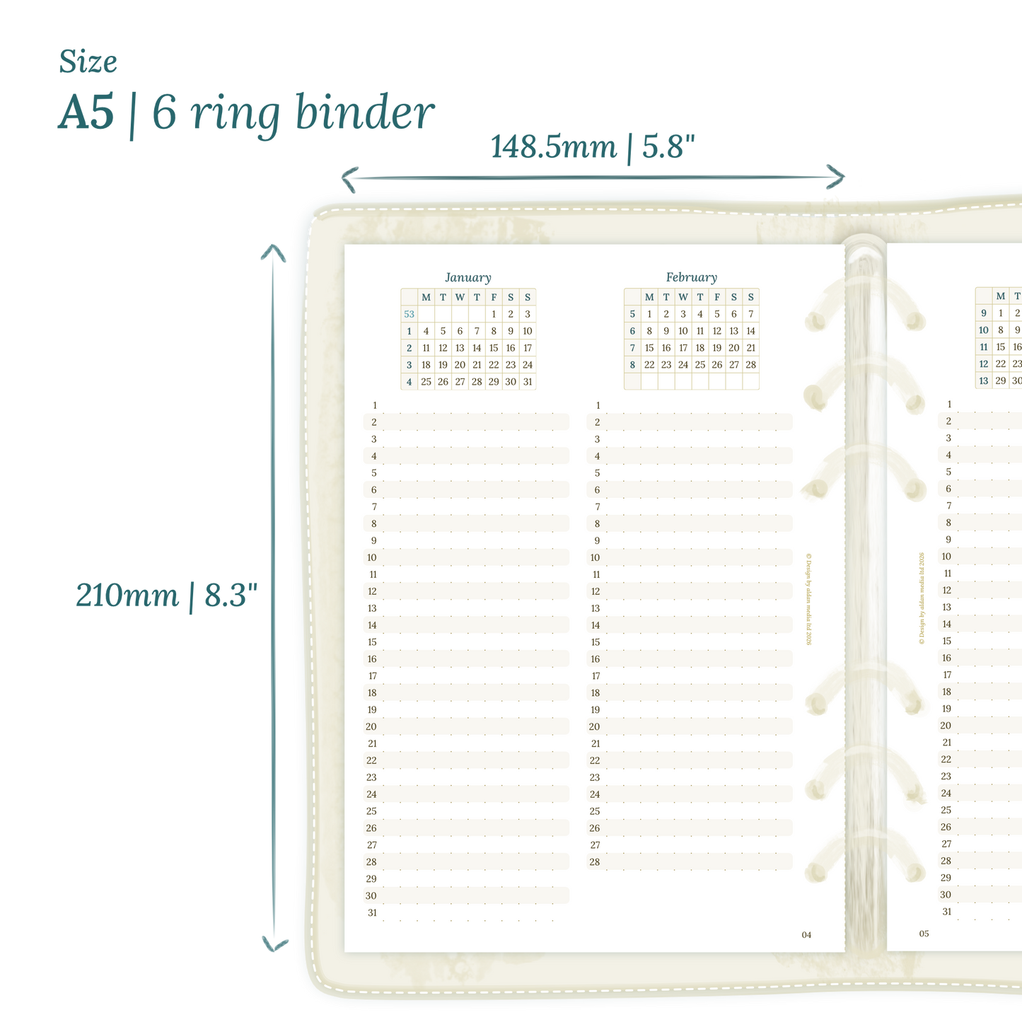 Printable PDF calendar planner insert with dimensions labeled on a white background to show the size supported which is A5