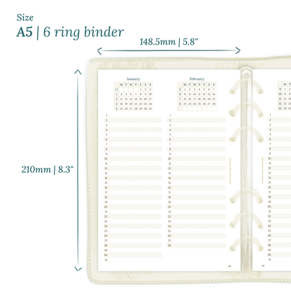 Printable PDF calendar planner insert with dimensions labeled on a white background to show the size supported which is A5
