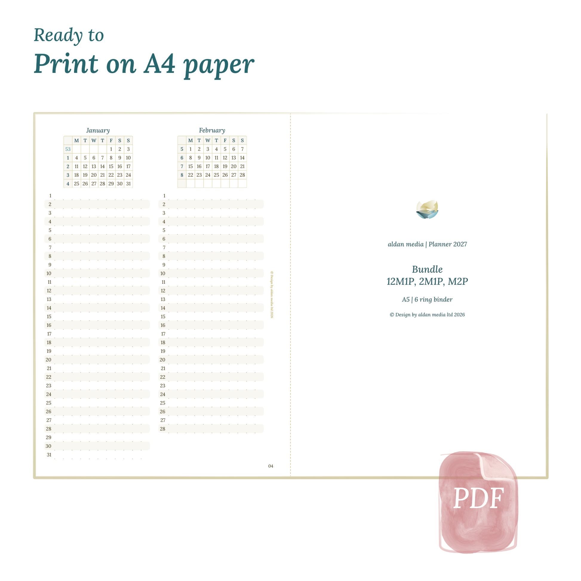 Printable PDF calendar planner with title design on A4 paper that illustrates that our products are ready to print.