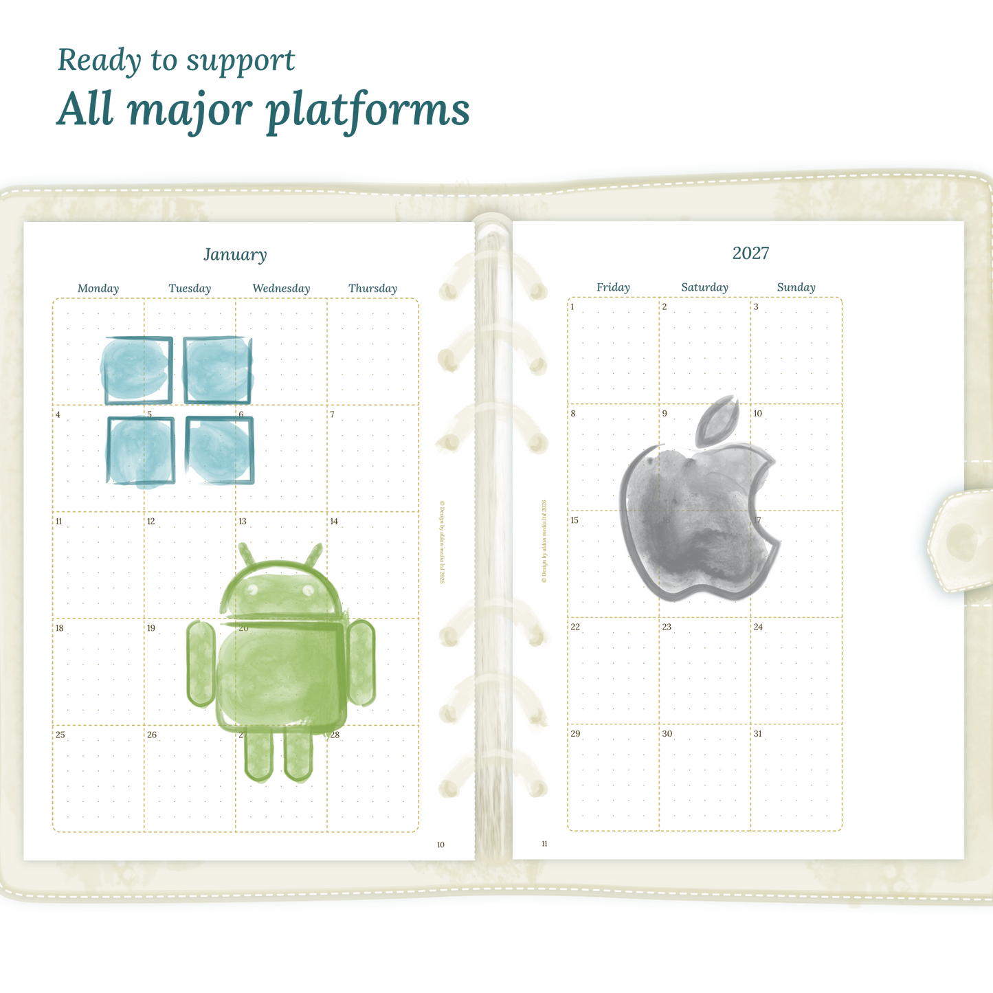 Open planner calendar insert with Windows, Android and Apple logos on a white background to show what operating systems are supported by our printables.
