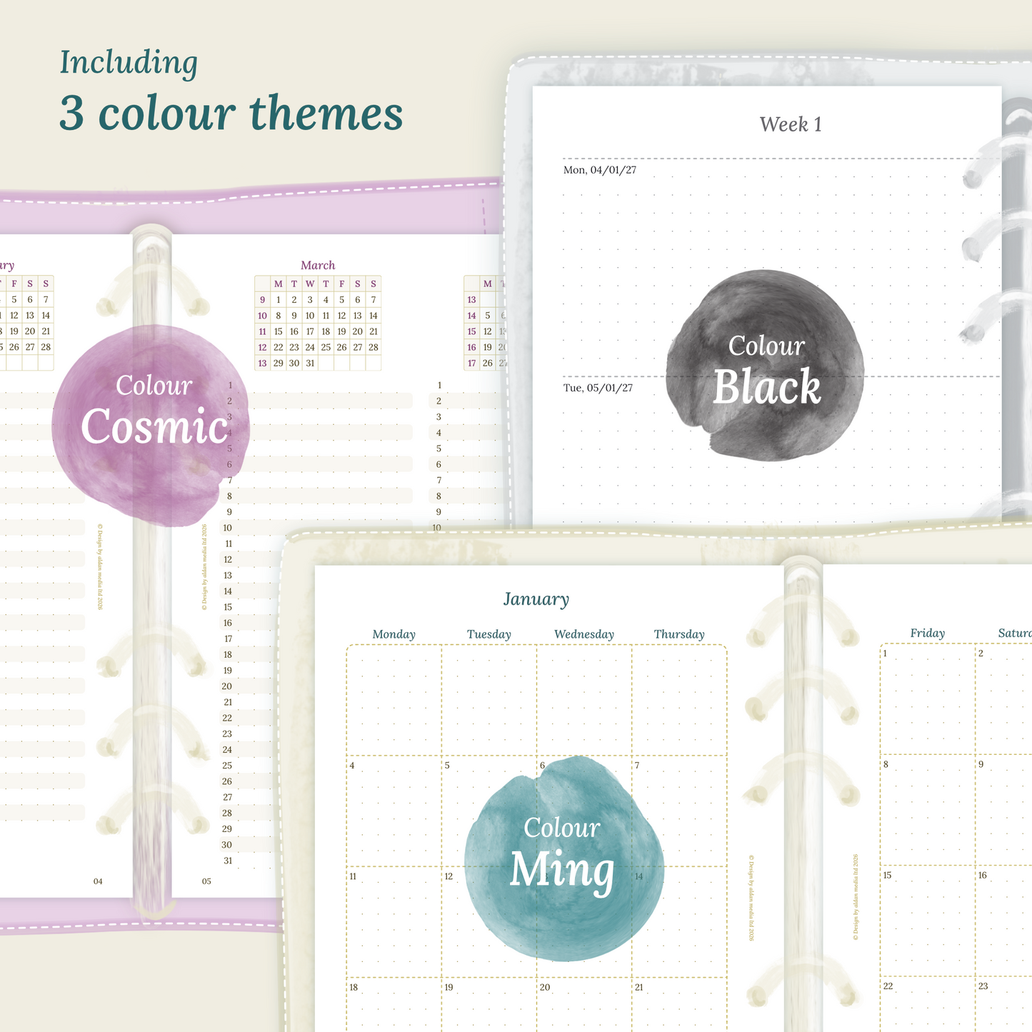 Three colour variants of the calendar designs with colour themes 'Cosmic', 'Black', and 'Ming' displayed to show how the different modules of the Bundle L look like.
