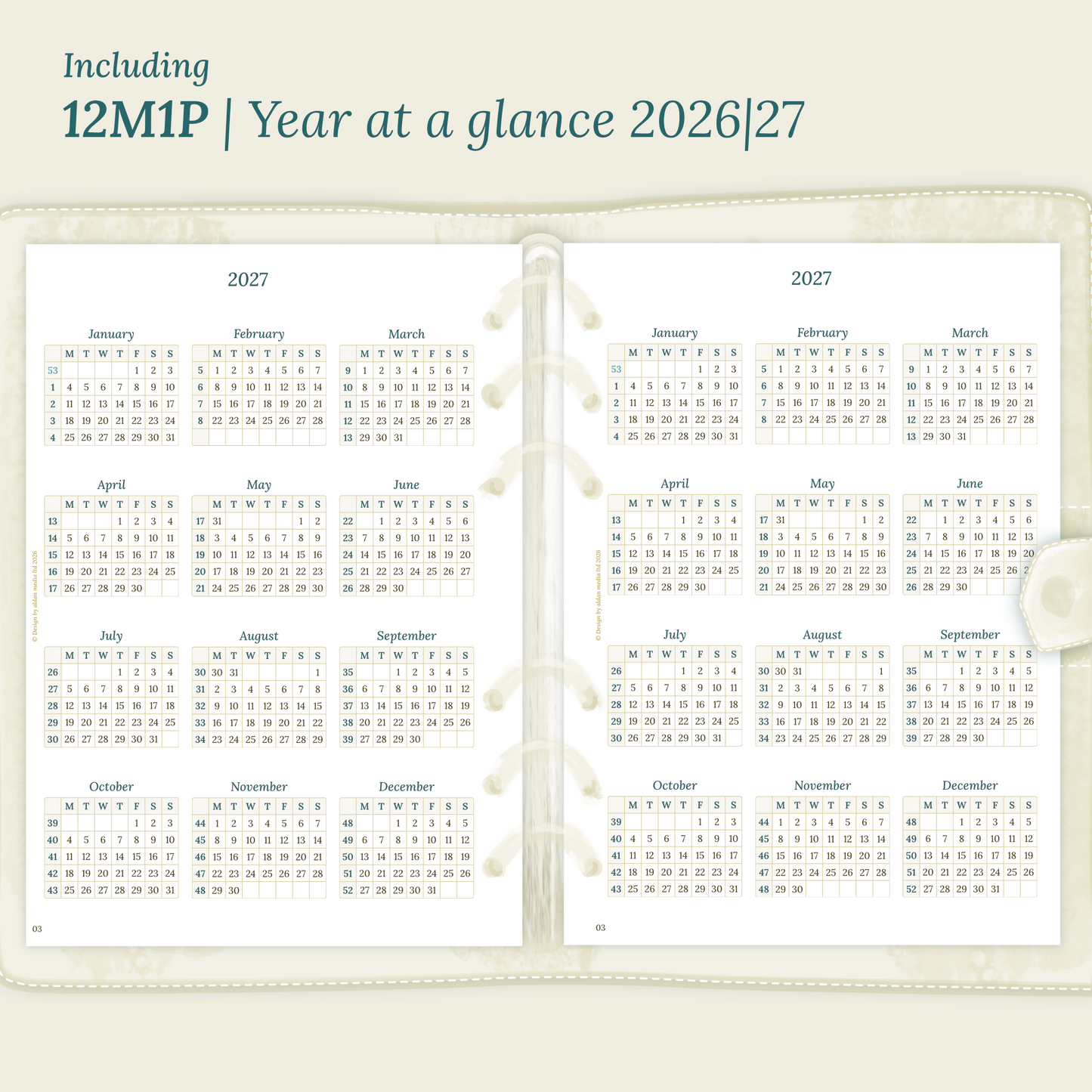 Open planner showing details of the printable planner inserts module 12M1P 12 months on 1 page for 2026 & 2027 inside this Bundle L