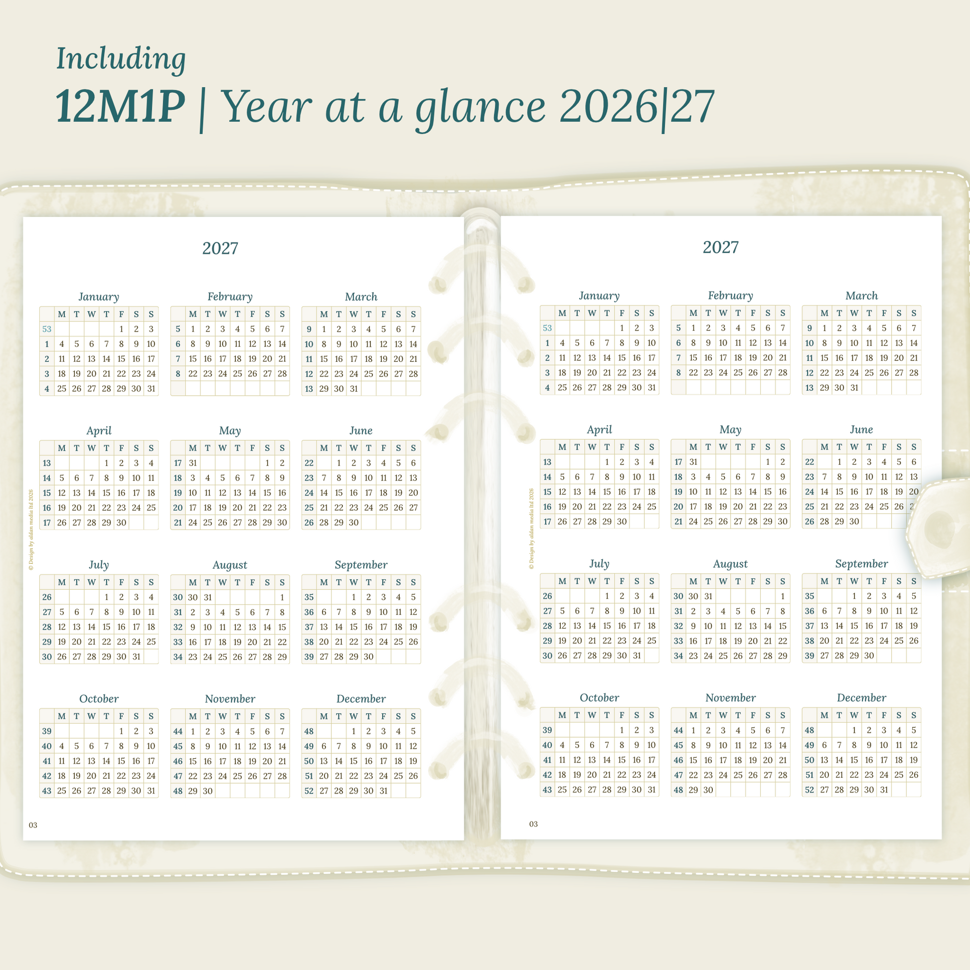 Open planner showing details of the printable planner inserts module 12M1P 12 months on 1 page for 2026 & 2027 inside this Bundle L