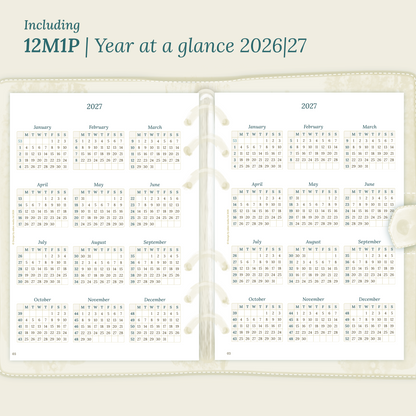 Open planner showing details of the printable planner inserts module 12M1P 12 months on 1 page for 2026 & 2027 inside this Bundle L