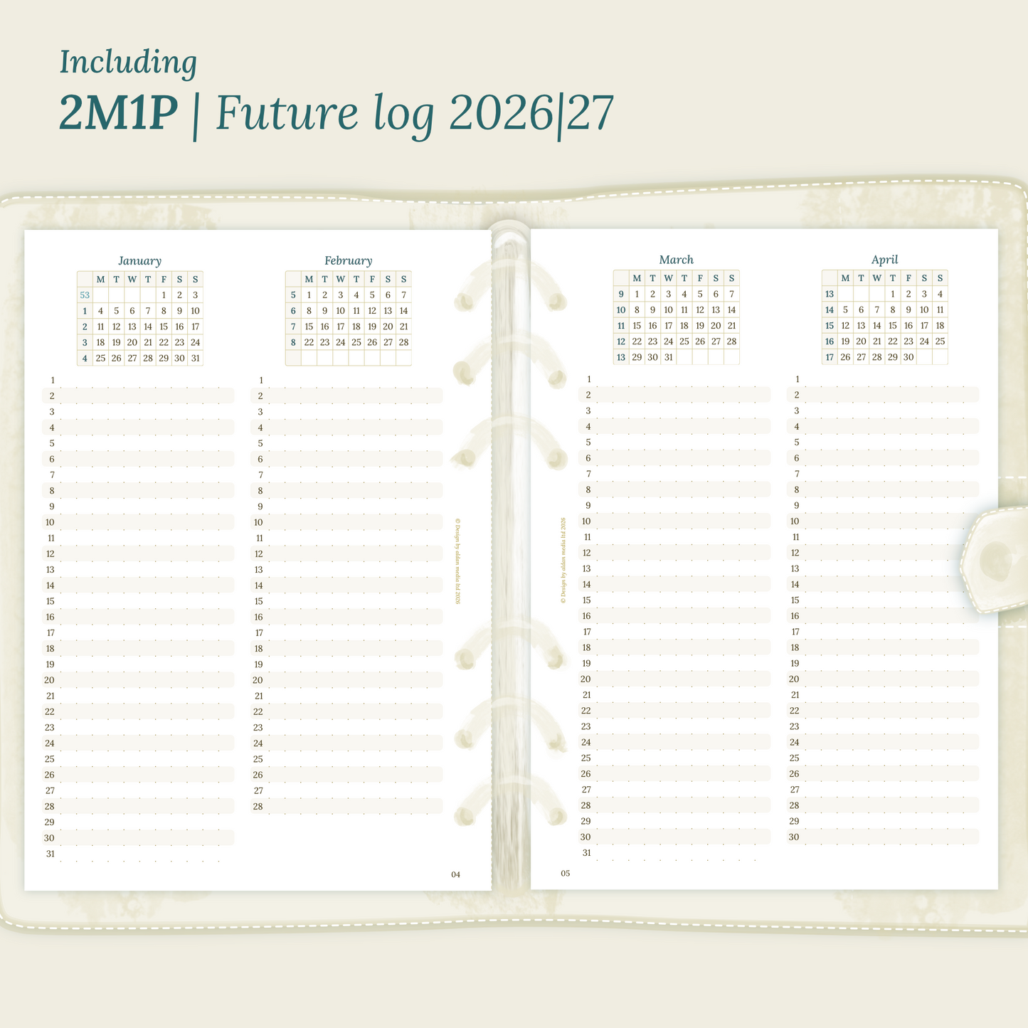 Open planner showing details of the printable planner inserts module 2M1P future log, 2 months on 1 page for 2026 & 2027 inside this Bundle L