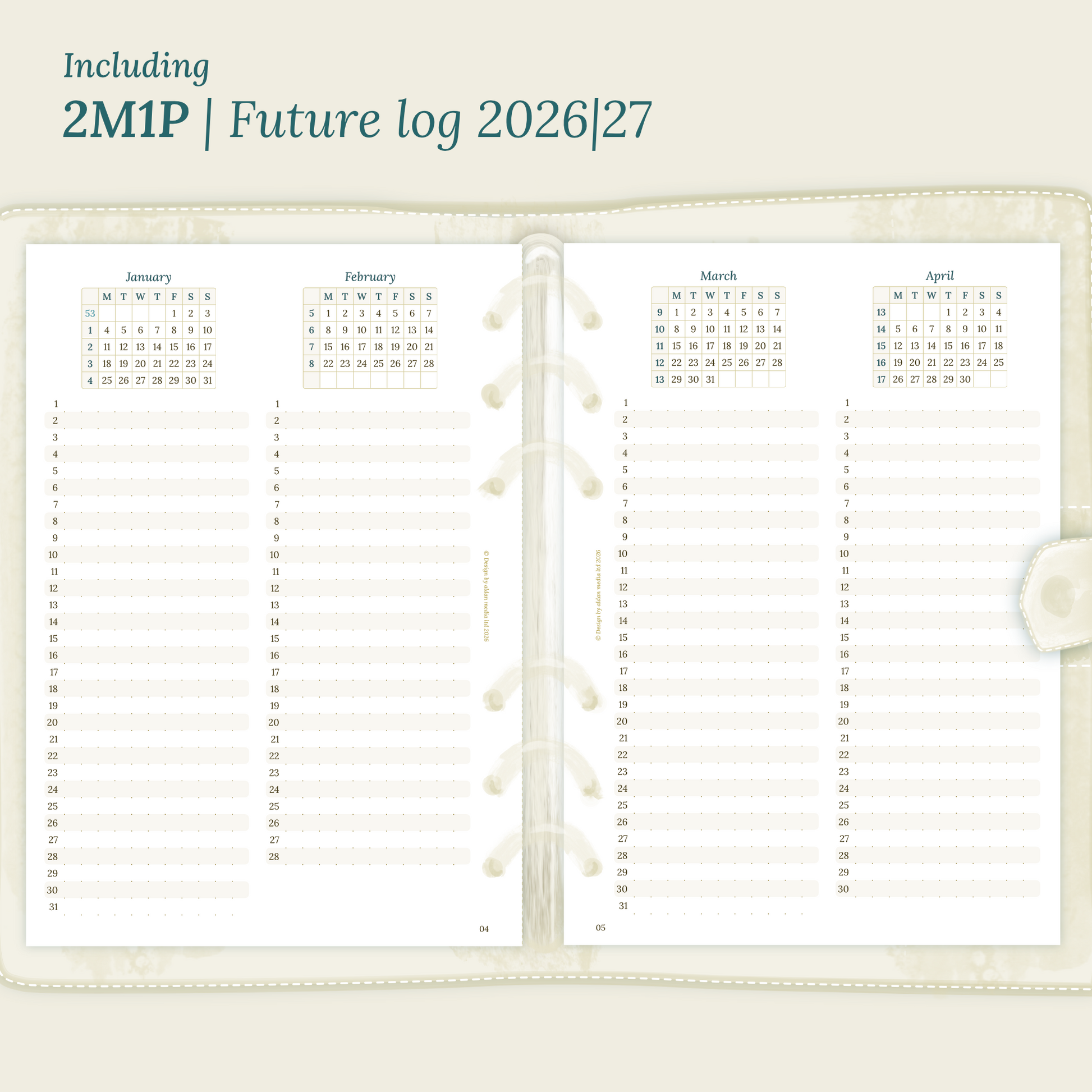 Open planner showing details of the printable planner inserts module 2M1P future log, 2 months on 1 page for 2026 & 2027 inside this Bundle L