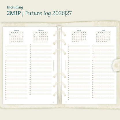 Open planner showing details of the printable planner inserts module 2M1P future log, 2 months on 1 page for 2026 & 2027 inside this Bundle L