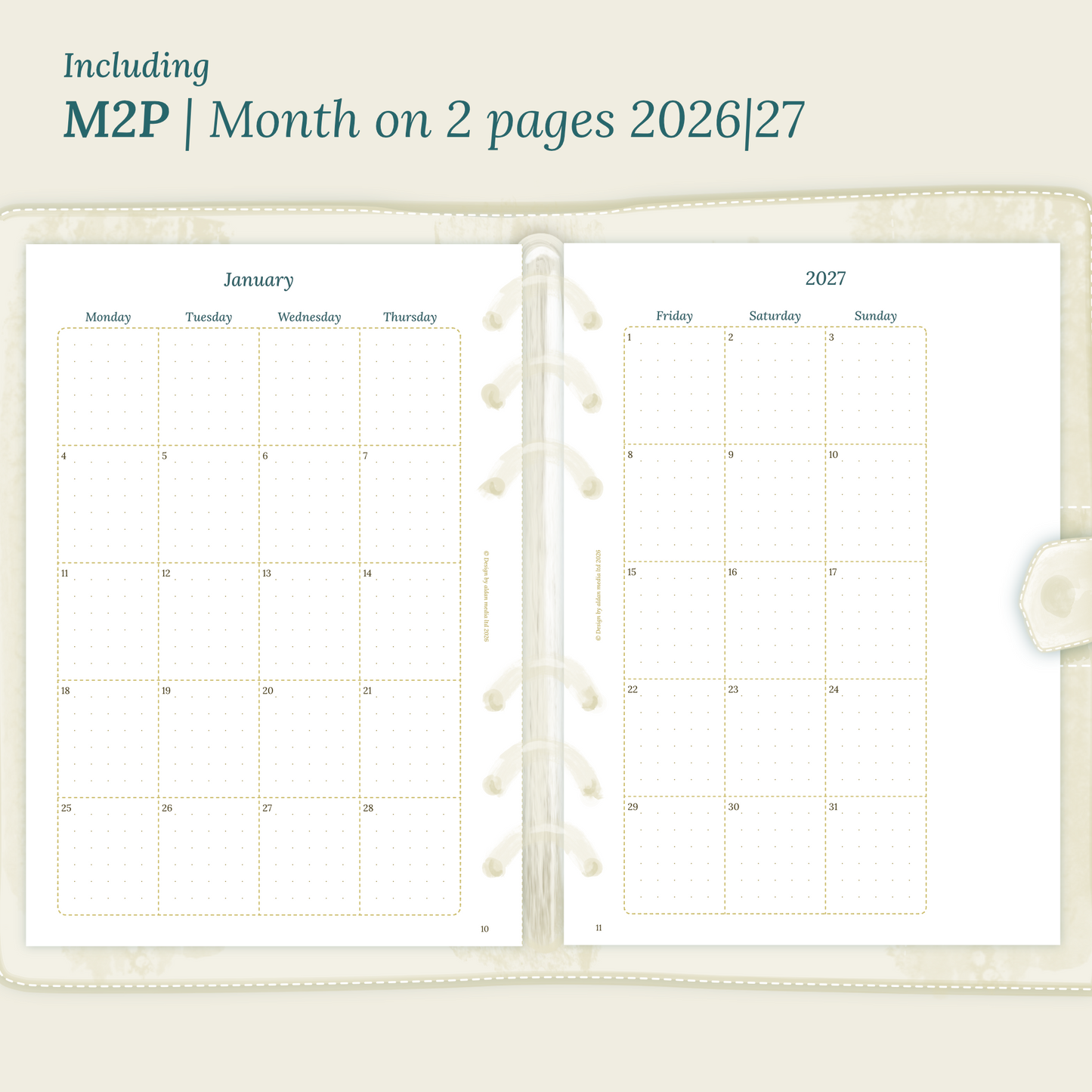 Open planner showing details of the printable planner inserts module M2P month on 2 pages for 2026 and 2027 inside this Bundle L.