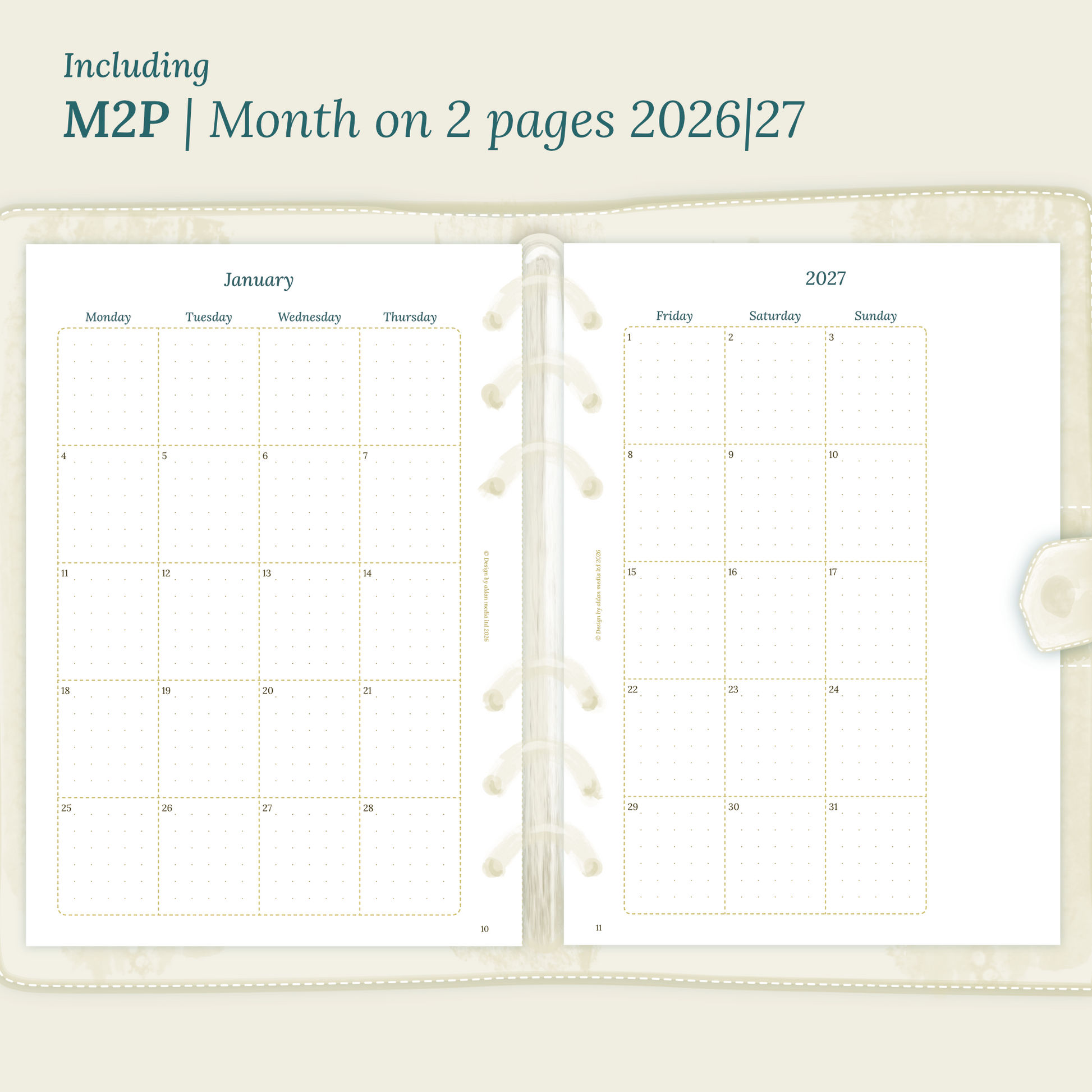 Open planner showing details of the printable planner inserts module M2P month on 2 pages for 2026 and 2027 inside this Bundle L.