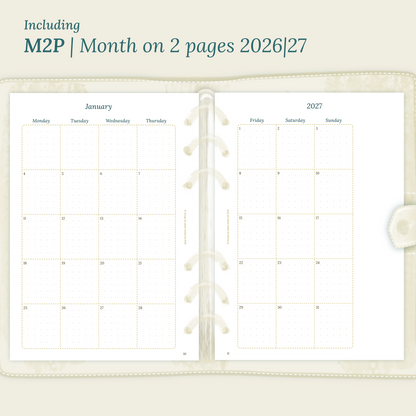 Open planner showing details of the printable planner inserts module M2P month on 2 pages for 2026 and 2027 inside this Bundle L.