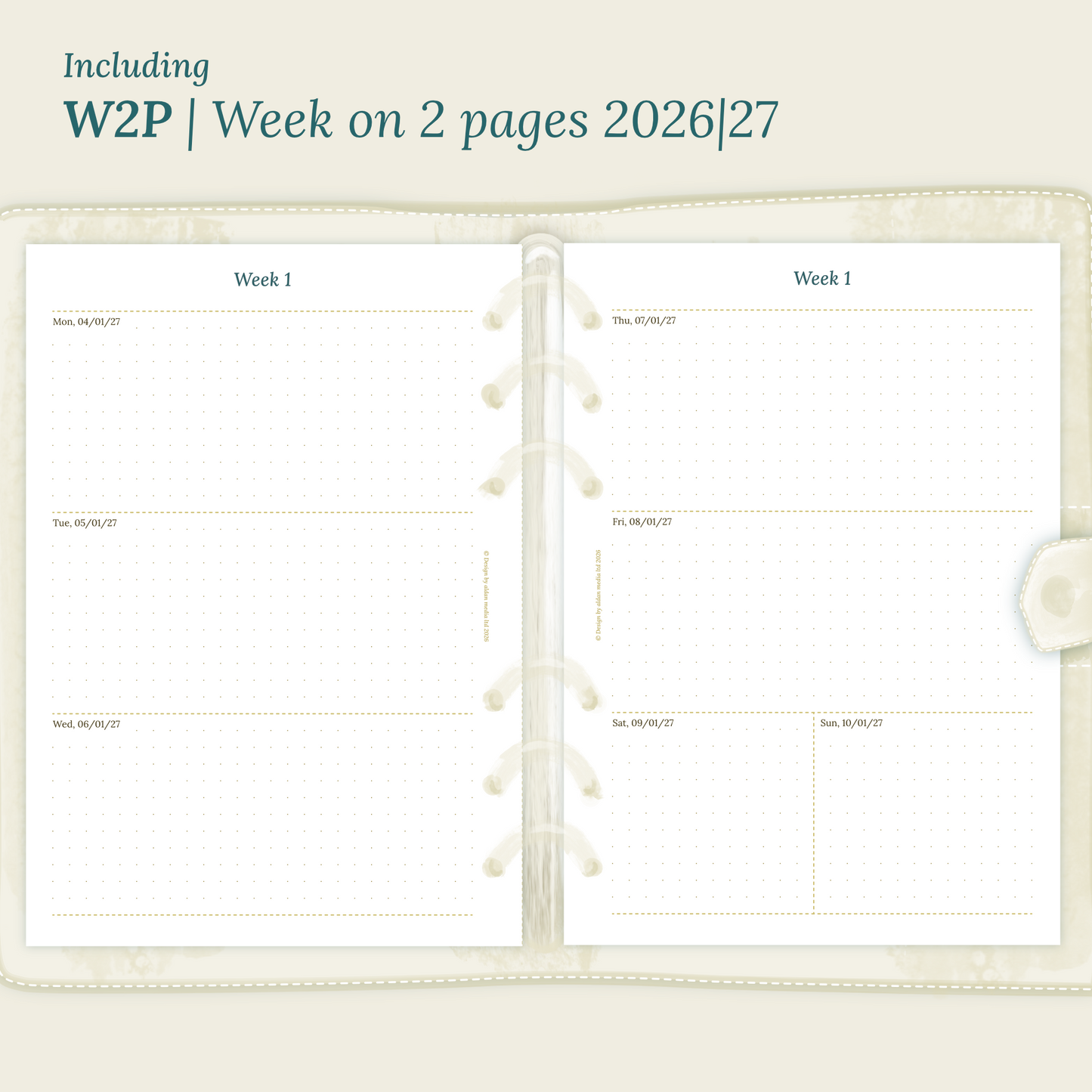Open planner showing details of the printable planner inserts module W2P week on 2 pages for 2026 and 2027 inside this Bundle L.