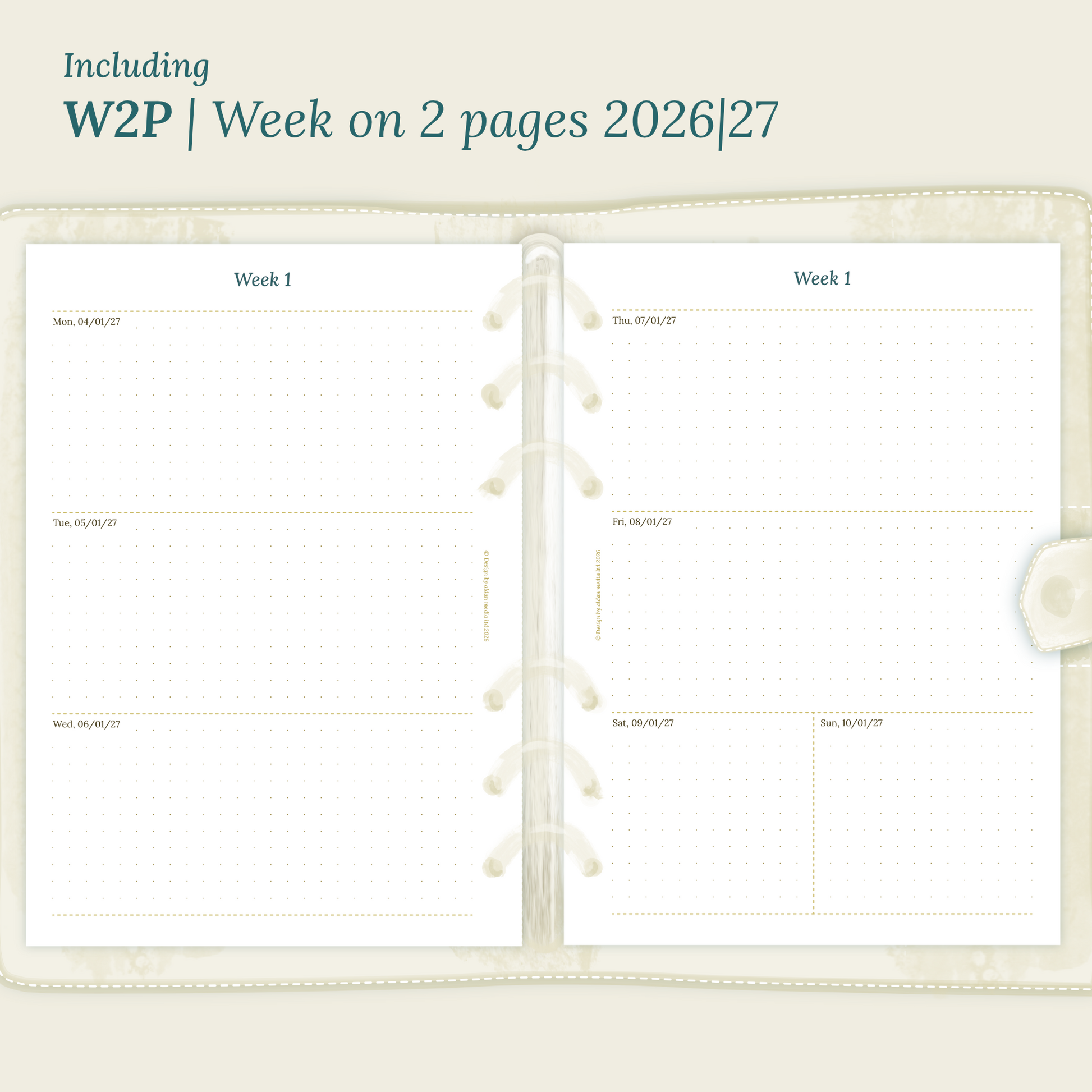 Open planner showing details of the printable planner inserts module W2P week on 2 pages for 2026 and 2027 inside this Bundle L.