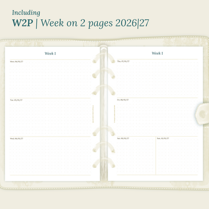 Open planner showing details of the printable planner inserts module W2P week on 2 pages for 2026 and 2027 inside this Bundle L.