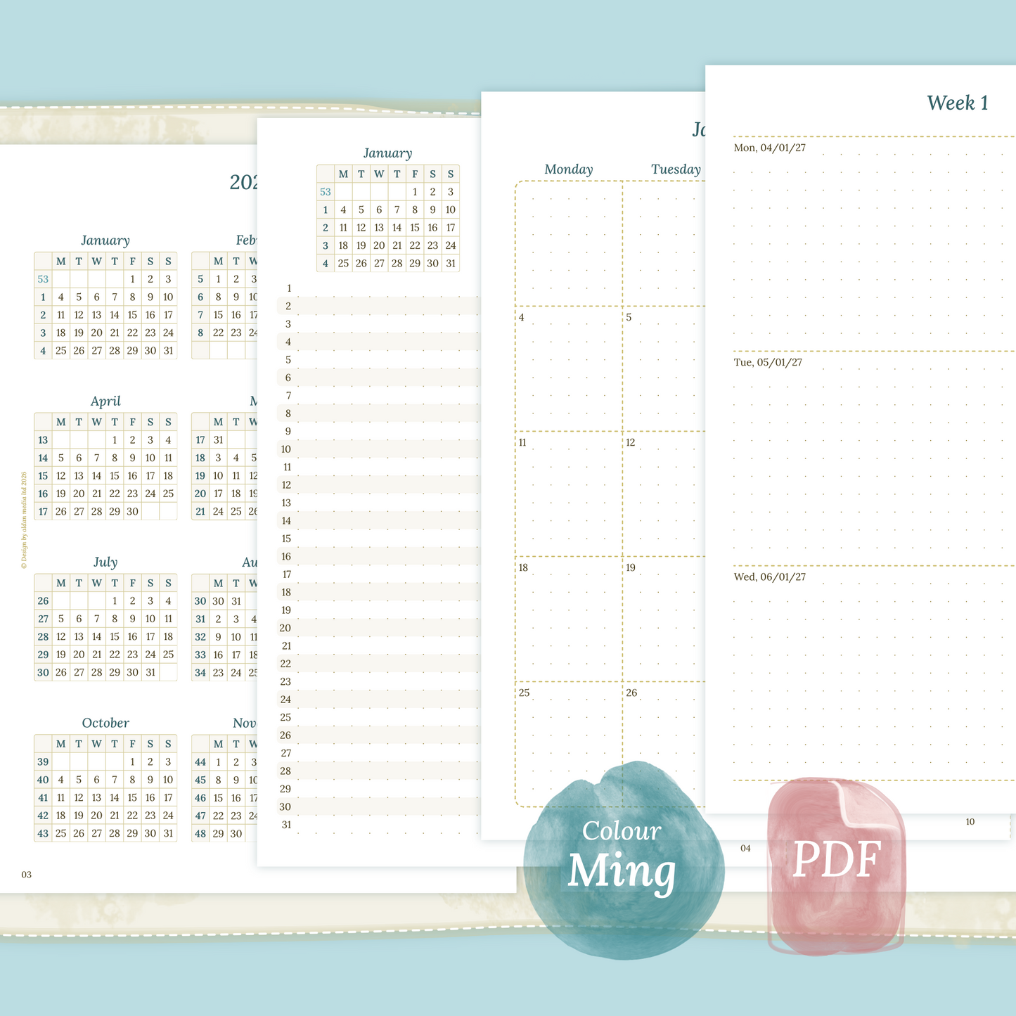 Examples featuring the different PDF printable planner inserts modules of this Bundle L for 2026 and 2027 in the colour Ming/Blue.