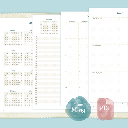 Examples featuring the different PDF printable planner inserts modules of this Bundle L for 2026 and 2027 in the colour Ming/Blue.
