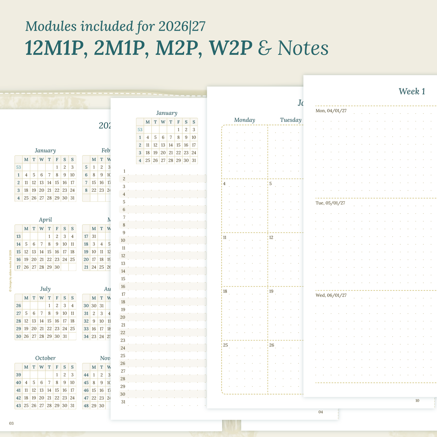 Calendar printable inserts modules for the years 2026 and 2027 with various formats on a beige background featuring 12M1P 12 month on 1 page, 2M1P future log 2 months on 1 page, M2P month on 2 pages, W2P week on 2 pages and a notes.