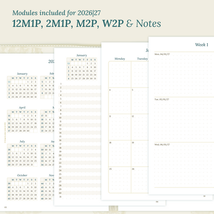 Calendar printable inserts modules for the years 2026 and 2027 with various formats on a beige background featuring 12M1P 12 month on 1 page, 2M1P future log 2 months on 1 page, M2P month on 2 pages, W2P week on 2 pages and a notes.