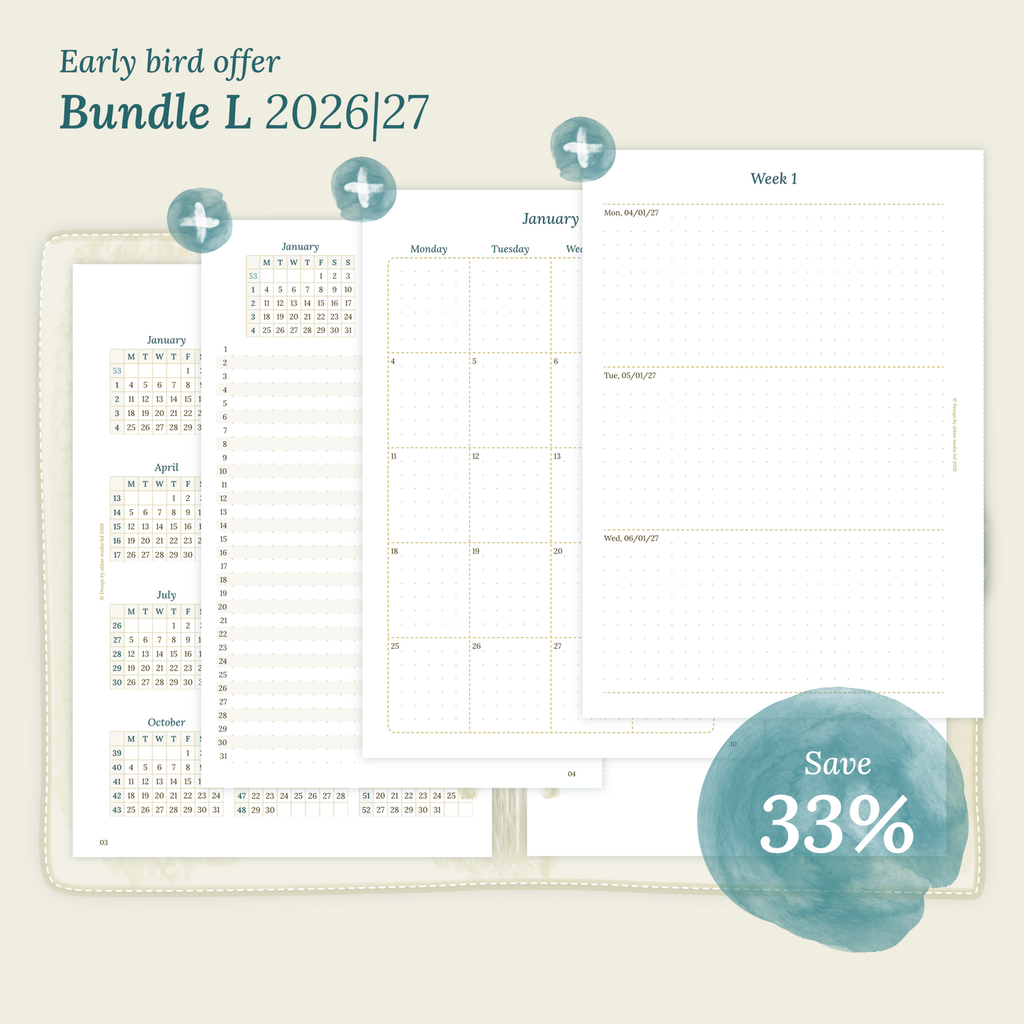Calendar printable Bundle L for 2026 and 2027 with early bird offer of 33% discount for A5 size 6 ring binder planner
