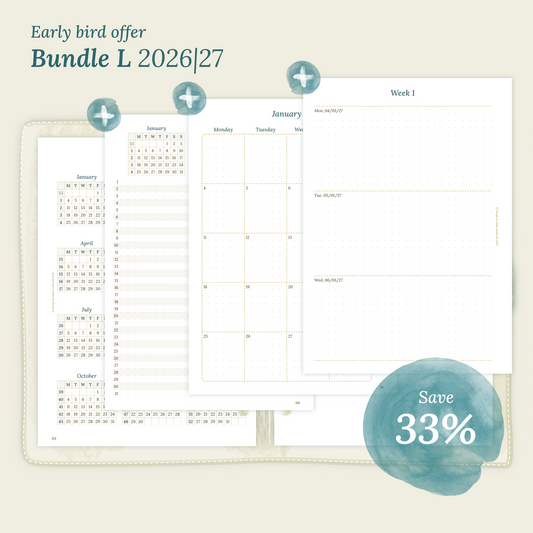 Calendar printable Bundle L for 2026 and 2027 with early bird offer of 33% discount for A5 size 6 ring binder planner