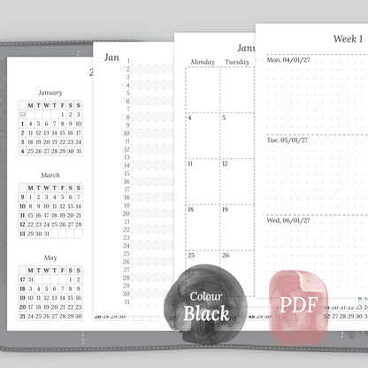 Examples featuring the different PDF printable planner inserts modules of this Bundle L for 2026 and 2027 in the colour Black & White featuring 12M2P 12 month on 2 pages, M1P future log month on 1 page, M2P month on 2 pages, W2P week on 2 pages and a Notes.