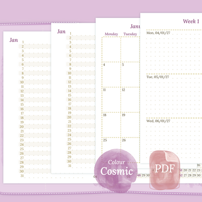 Examples featuring the different PDF printable planner inserts modules of this Bundle L for 2026 and 2027 in the colour Cosmic/Raspberry featuring 12M2P 12 month on 2 pages, M1P future log month on 1 page, M2P month on 2 pages, W2P week on 2 pages and a Notes.