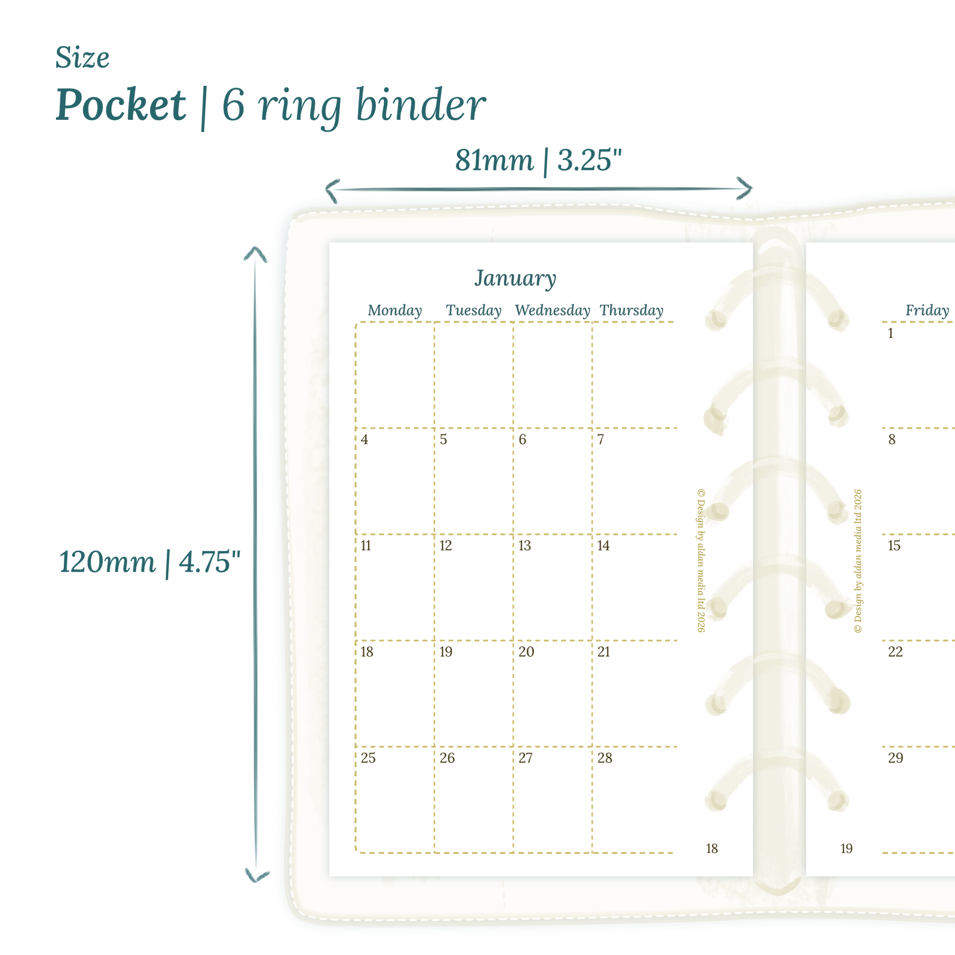 Printable PDF calendar planner insert with dimensions labeled on a white background to show the size supported which is Pocket
