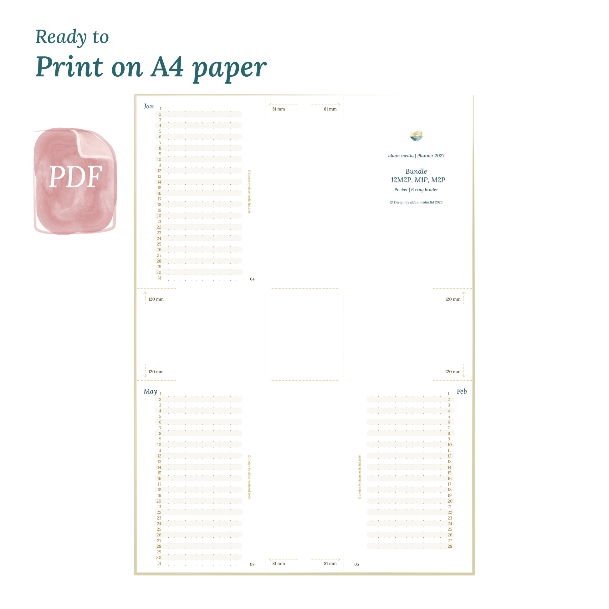 Printable PDF calendar planner with title design on A4 paper that illustrates that our products are ready to print.
