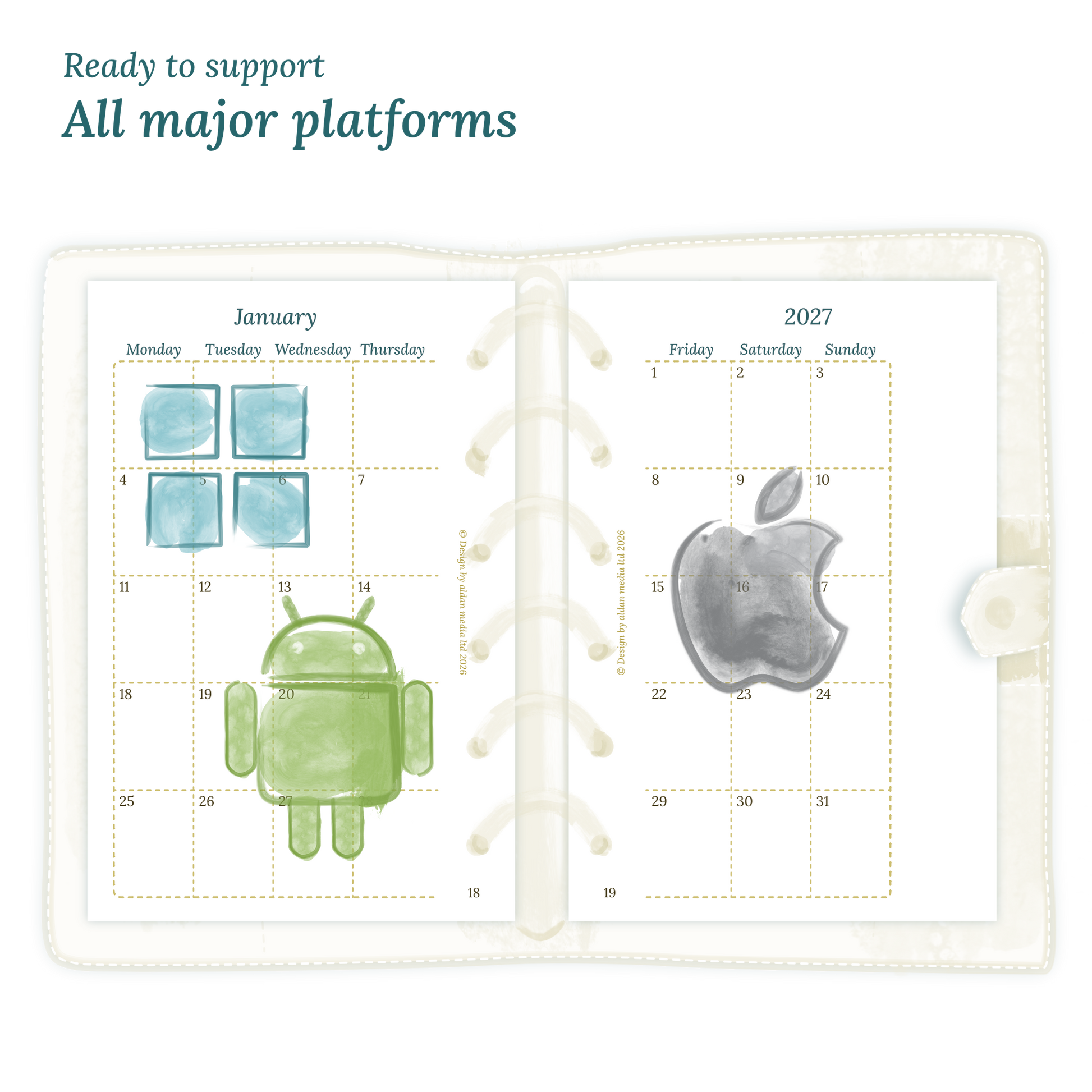 Open planner calendar insert with Windows, Android and Apple logos on a white background to show what operating systems are supported by our PDF printables.